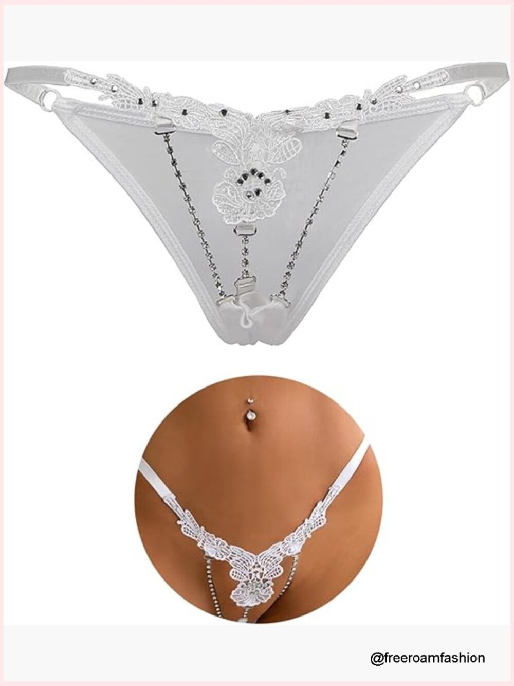 Plus Size G-String Thongs with Rhinestone Beads Adjustable Straps Nylon Spandex
